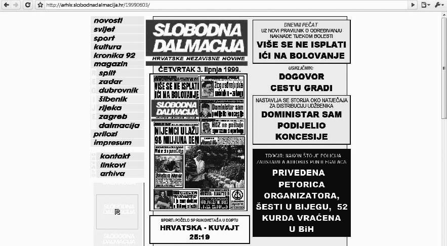 32 MEDIJI / MEDIA Slika 2 - Početna stranica prvog izdanja Slobodne Dalmacije na internetu Izbori.net ostvarili su veliki uspjeh, a na dan izbora, 3. siječnja 2000.