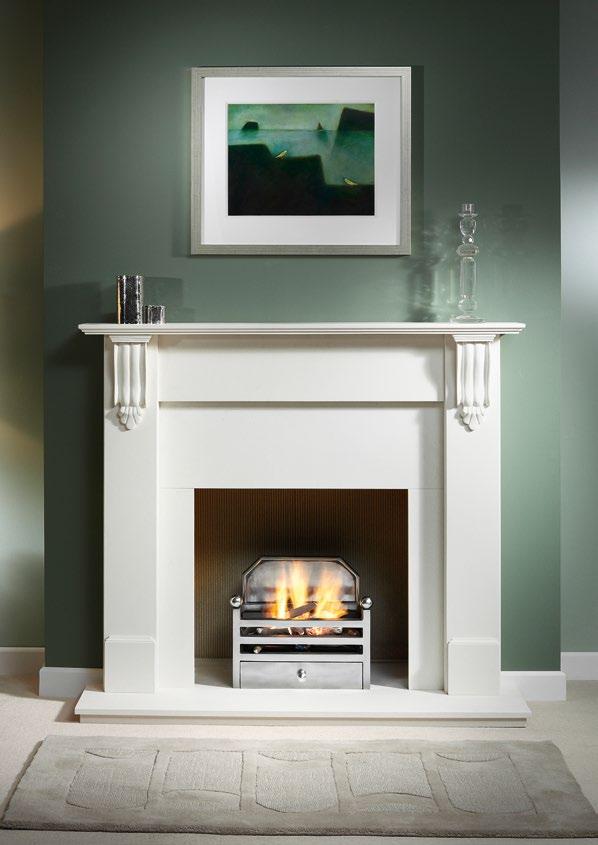 CONTEMPORARY FIREBASKETS ELAN WITH BACK full polished MANTEL: RICHMOND 54 AGEAN LIMESTONE, FIRE: DECORATIVE GAS FIRE WITH CERAMIC