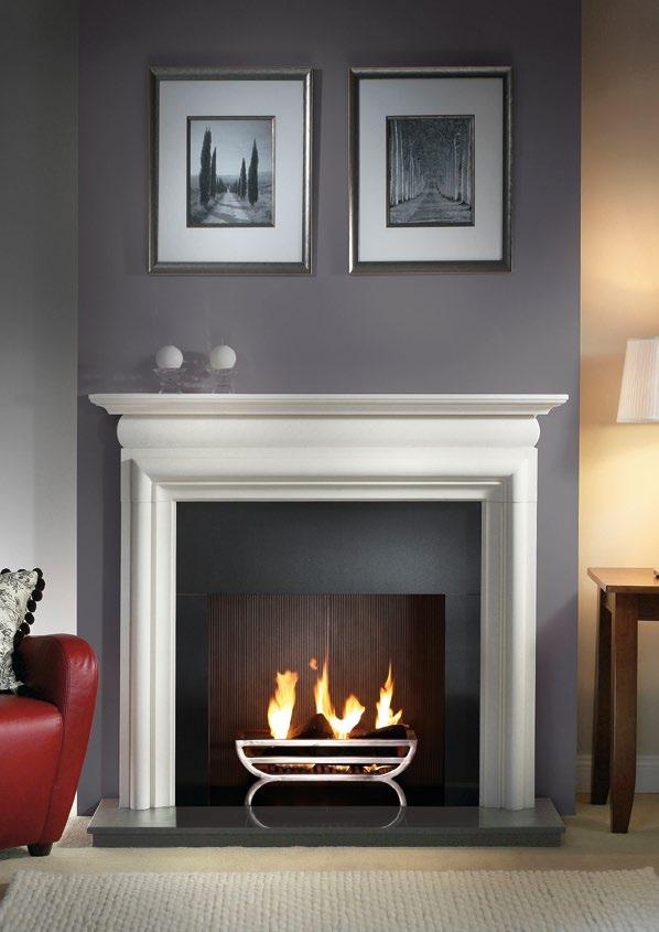 CONTEMPORARY FIREBASKETS LARGE CRADLE polished side* MANTEL: ASQUITH AGEAN LIMESTONE, FIRE: REAL LOGS, SLIPS: GRANITE,
