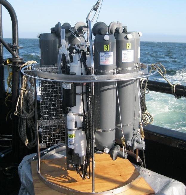 The SBE19plus CTD package, with oxygen and fluorometer with six 4-l bottles with internal rubber bands, was controlled by a SBE-33 deck-unit, connected to a PC running the software package Seasave v7.