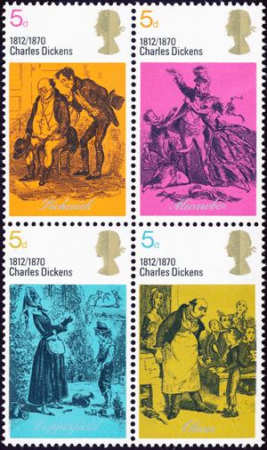 (1770-1850). The se-tenant block of 2x2 stamps featuring characters from Charles Dickens s novels were designed by Rosalind Dease.