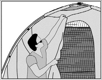 of the tent door. Starting at the bottom center, make sure the straps with hooks are on the inside of the tent.