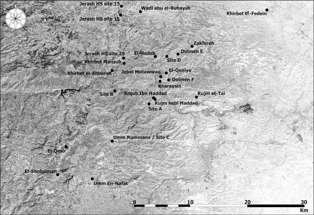 ADAJ 52 (2008) 27. Topographical map of dolmen fields in the az-zarqå region. village is present. El-Shelqeman JADIS reference: n. 2215.