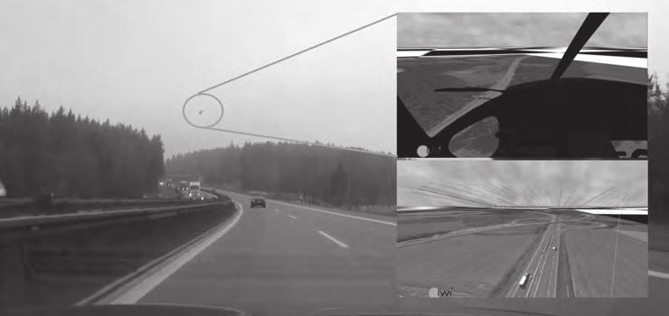 Figure 7. Car camera view with imported lines of sight (lower right), reconstructed helicopter path, and pilot s perspective (upper right).