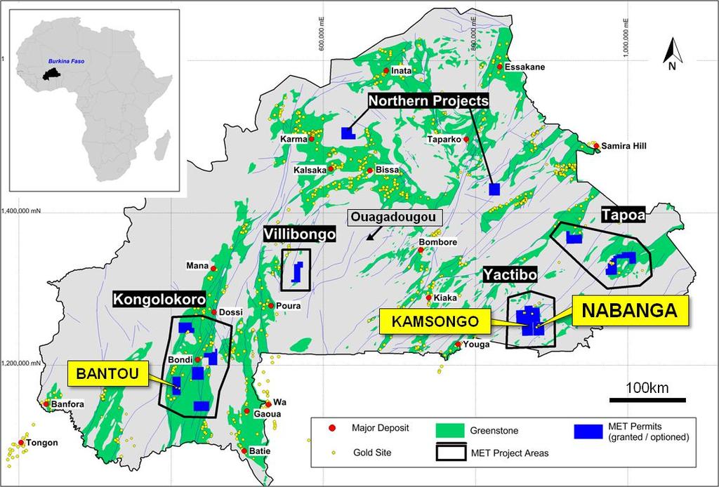 Figure 1 Location of MET Burkina Faso exploration permits / projects (excludes applications).