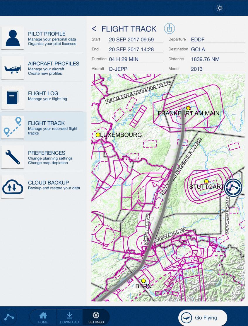 Review a recorded Flight Track Mobile FliteDeck VFR version 2.2.1 allows to review recorded flight tracks in the application.
