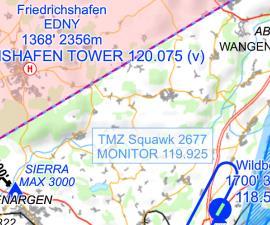TMZ Transponder Codes are visible in the seamless map Mobile FliteDeck VFR version 2.2.1 shows the transponder codes for TMZs in the seamless map.