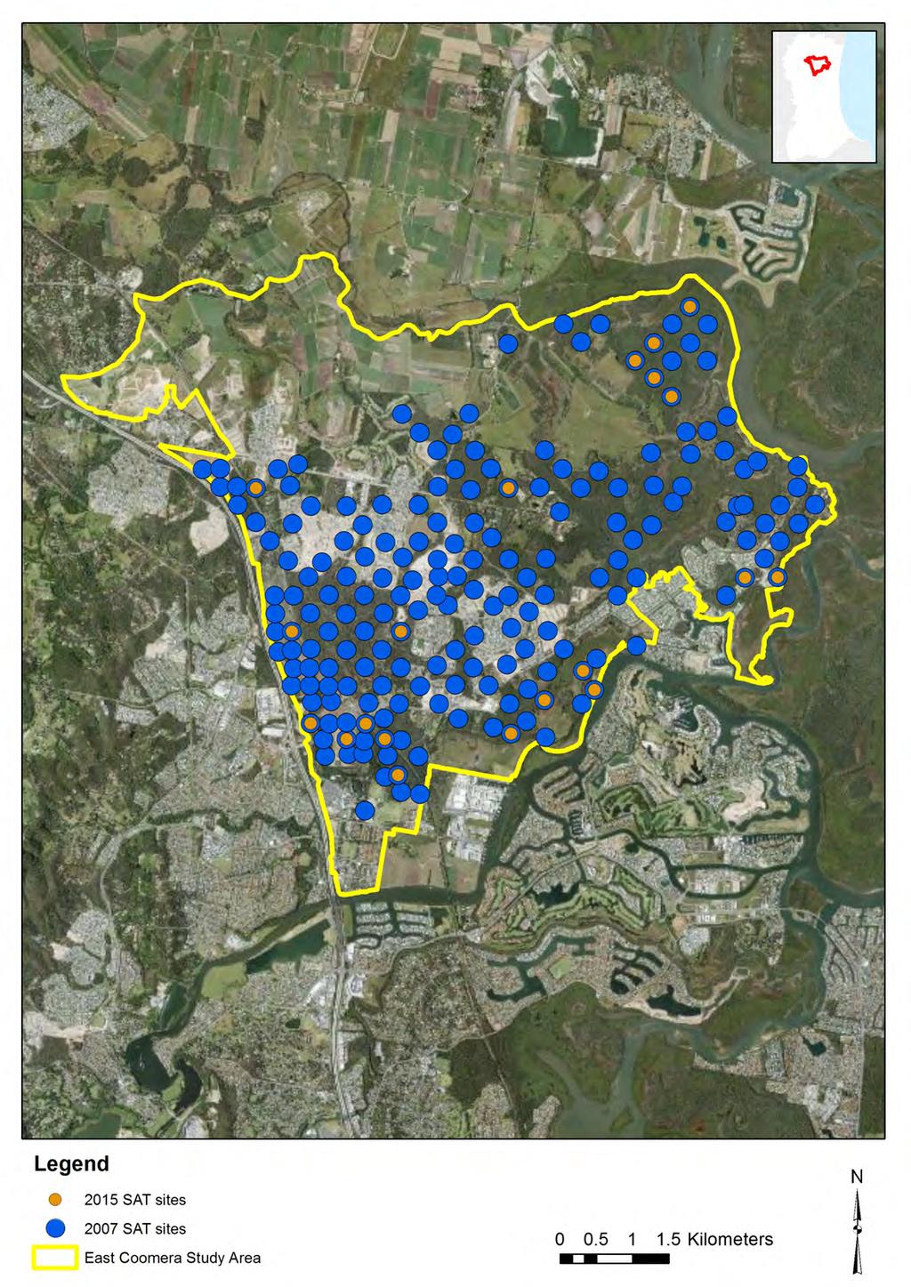 Figure 16 SAT sites surveyed for the East Coomera study area 2006 and 2015.