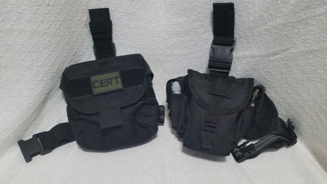 Drop leg pouches also make a nice addition to a modular equipment design. The pouch on the left is a Condor Drop Leg Dump Pouch. It is a fairly large pouch with a single compartment.