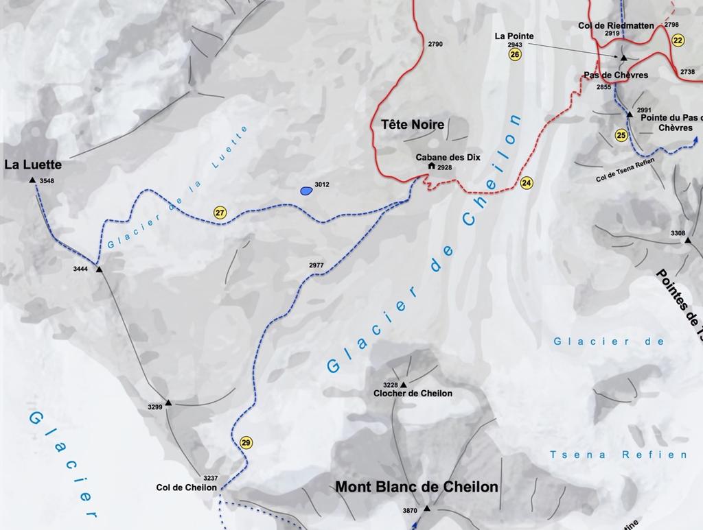 27 - La Luette Altitude : 3548 m Difficulty : Alpinism F. Elevation : about 620 m from Cabane des Dix Time to ascend : 2H from Cabane des Dix. Departure : Follow route N 24 until Cabane des Dix.
