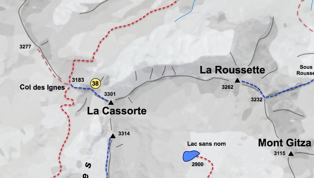 38 - La Cassorte Altitude : 3301 m Difficulty : Alpinism F à PD. Elevation : 1391 m from the campsite.. Time to ascend : 4H00 from the campsite. Ascent : Ascend until Col des Ignes via route n 34.
