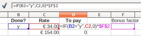 6.1. Pasirinkite langelį F1; 6.2. Įrašykite tekstą Bonus Factor (Koeficientas); 6.3. Pasirinkite langelį D2, kuriame yra formulė; 6.4. Pastatykite pelės žymeklį formulės juostoje (už formulės); 6.5.