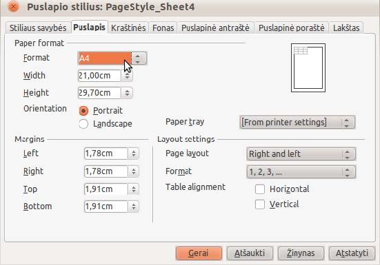 Skaičiuoklė 66 Dialogo lange Puslapio stilius: PageStyle_Sheet4 (Page Style) kortelėje Puslapis (Page) galima pasirinkti: Formatas (Format) lapo formatą; Padėtis (Orientation) lapo padėtis: stačias