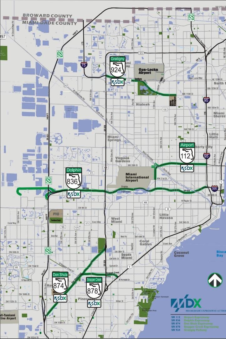 About MDX MDX operates 5 roads in Miami Dade County SR 924, SR 112, SR 836, SR 874 and SR 878 MDX Primary Source of Revenue: User Fees-Tolls MDX receives no sales tax, gas tax, property tax or