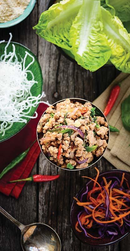 Ingredients - 500g Minced Pork (or minced chicken if you prefer) - 3 tbsp Soy Sauce and a splosh of water - 4 tbsp ground toasted rice Khao Khua - Finely sliced