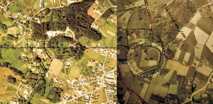 Esquerda: (Foto aérea Concello Oleiros, follas 3-19 y 3-23). Dereita: Delimitación sobre a foto do vó americano dos anos 50 (Folla 19b, Arquivo do Reino de Galicia, A Coruña).