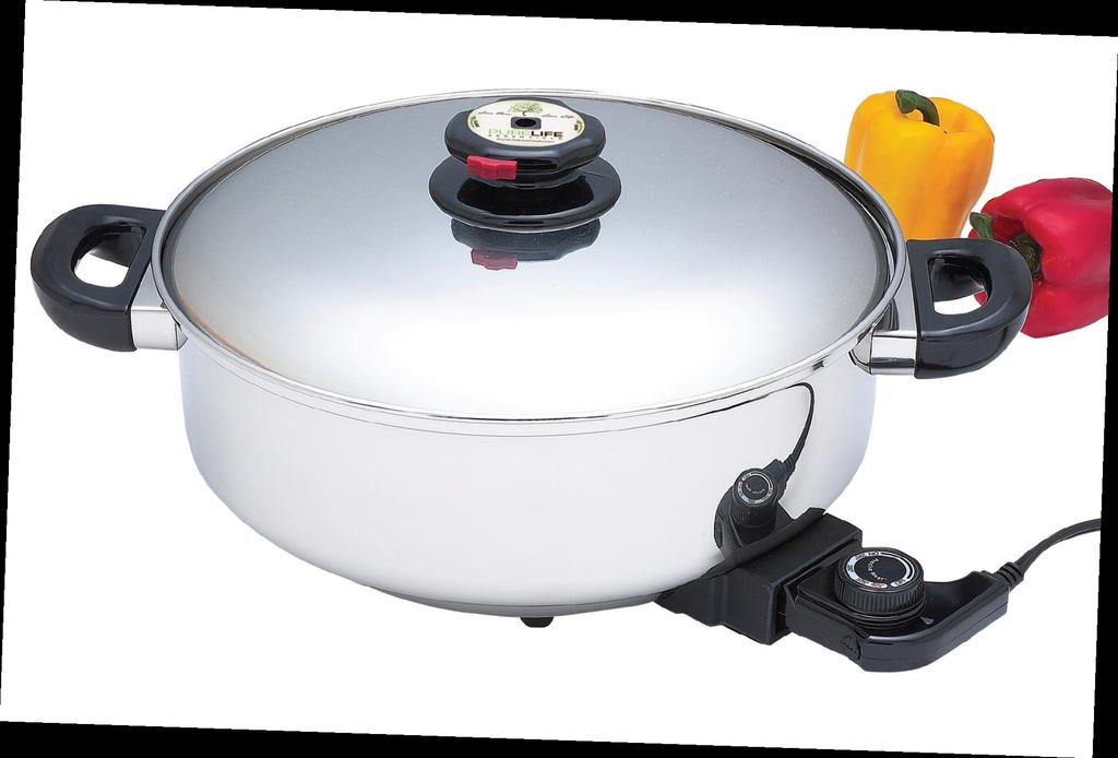 THE ELECTRIC COLLECTION 12 Deep Electric Skillet/Slow Cooker This surgical stainless steel electric skillet, slow cooker features a 120v, 1500 watt on/ off power cord, temperature