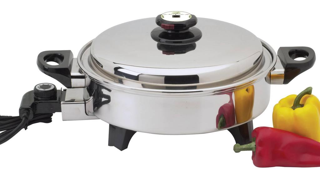 5qt T304 Stainless Steel Oil Core Skillet This 120V, 1300 watt, 3-ply skillet features low-dome cover; stay-cool handles and knobs; and beautiful, durable mirror finish.