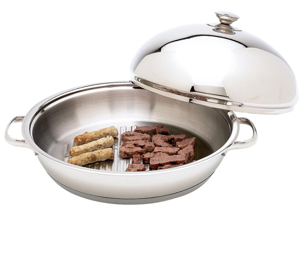 COOKING ACCESSORIES Heavy Gauge Round Griddle features a 12-element surgical stainless steel griddle with high dome lid, two helper handles, and mirror polish exterior.