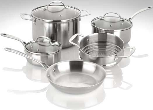glass lids with steam escape vent. Includes: 10 open skillet, 1.5 qt. and 3 qt. covered sauce pans, stainless steel steamer basket and 8qt. covered stock pot Set 670040250 7-35186-00703-0 1 19.00 21.