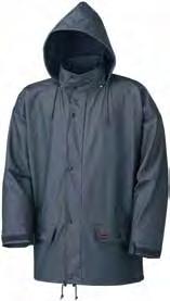flexible in cold temperatures Oil-resistant 2 front pockets Heat welded seams Hood folds into collar 2-way