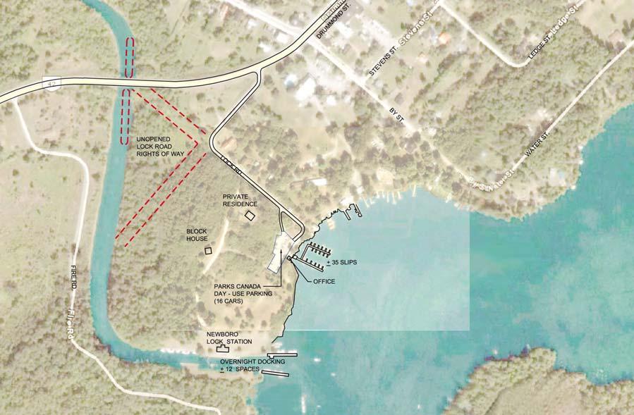 Similarly, the village is not visible from Newboro Lake or the Lock Station, so that boaters transiting the Canal System have no sense of its presence or accessibility when arriving by water.