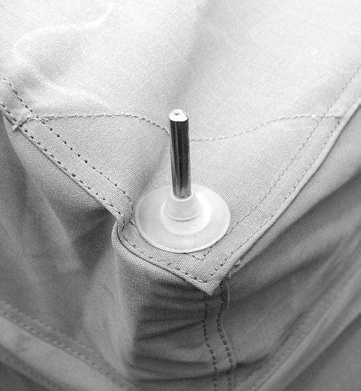 Insert 'L' shaped pin of 3rd awning roof pole () through the tent eyelet into hole located on end of pole (1). Ensure Pole () tee nuts are facing downwards.