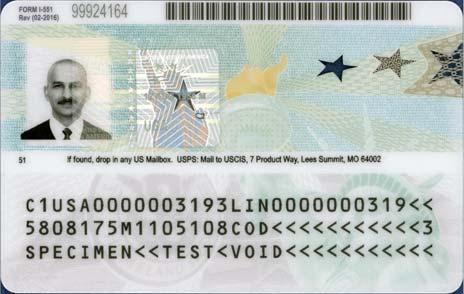 The card is personalized with the bearer s photo, name, USCIS number, alien registration number, date of birth, and