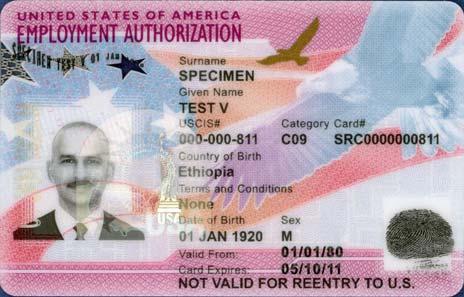 The card contains the bearer s photograph on the front and back, name, USCIS number, card number, date of birth, laser-engraved fingerprint, and the card expiration date.