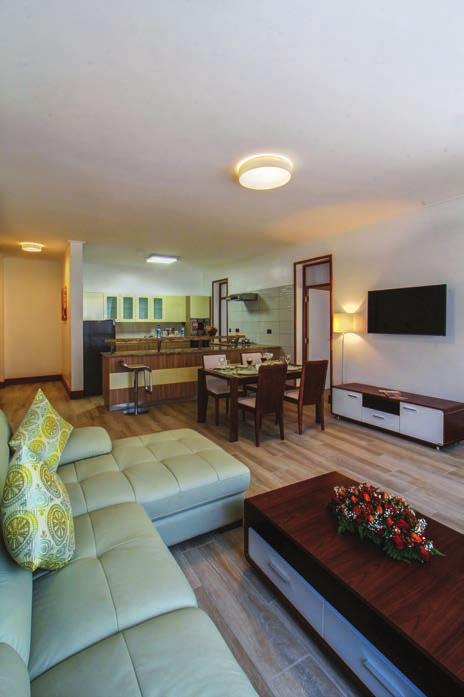 Each apartment is fully equipped with a kitchen, dining room, living room,