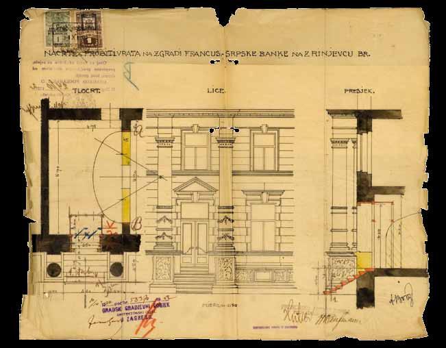 Sl. 4: Nacrt probijanja vrata na zgradi Francusko-srpske banke (HR-DAZG, GPZ, 61571/1922) novu adaptaciju zgrade 1919.