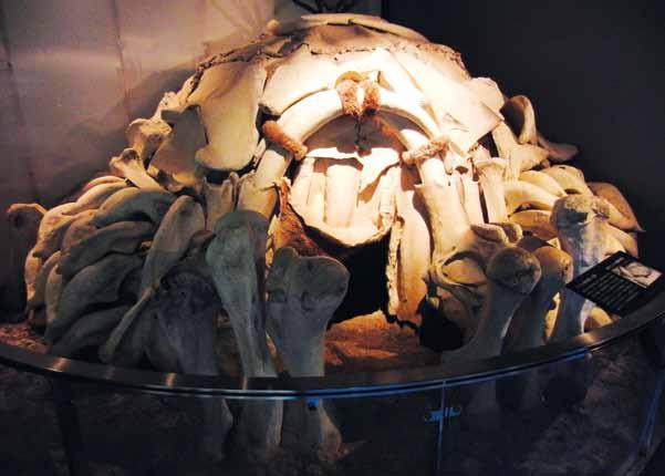 Sl. 2: Rekonstruirano stanište od kostiju mamuta. Gornji paleolitik, Ukrajina. Izvor: wikipedia.com figurice iz Vogelherda (Hahn 1972) i Hohle Felsa (Conrad 2003).
