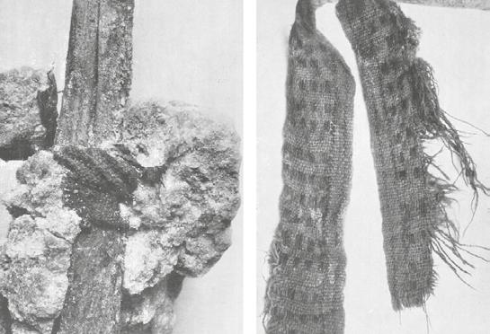 Fig. 13: Dürrnberg salt mine, Austria: patterned textile as makeshift binding material for a broken tool handle (after: Kyrle 1918).