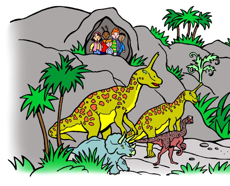 They all held hands and walked slowly to the entrance to the cave. When they looked out they saw many different dinosaurs. Look! whispered Tommy.