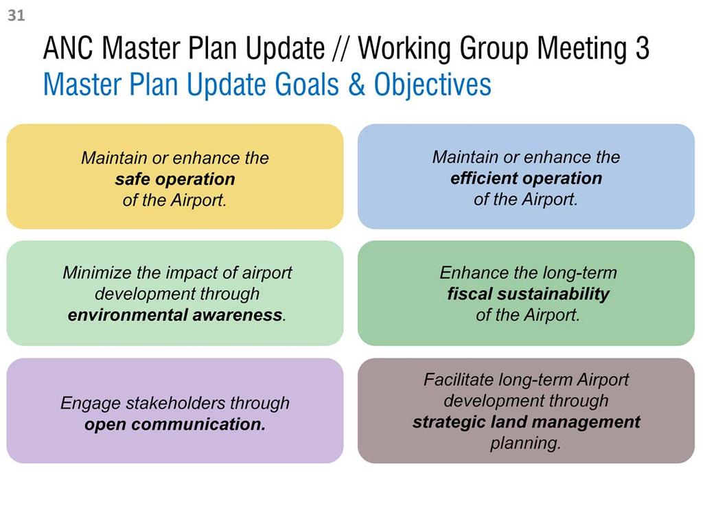 The Master Plan Update goals and objectives cover six broad topic areas. The Master Plan Update goals and objectives are foundational to the alternatives development process.