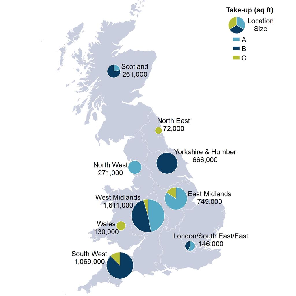 Map 1 Q1 Industrial take-up (sq ft),