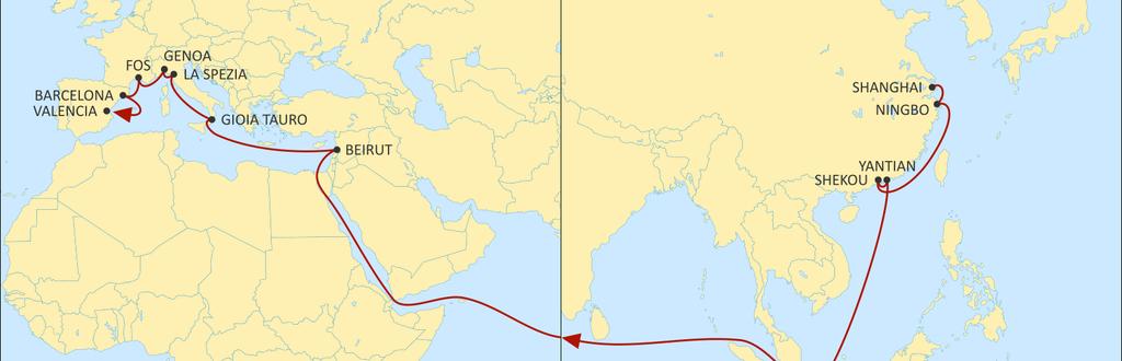 ASIA MEDITERRANEAN DRAGON WESTBOUND Enhanced service reliability. Direct service to Beirut, with ultracompetitive transit times, excellent coverage of Syrian ports and to the South of Turkey.