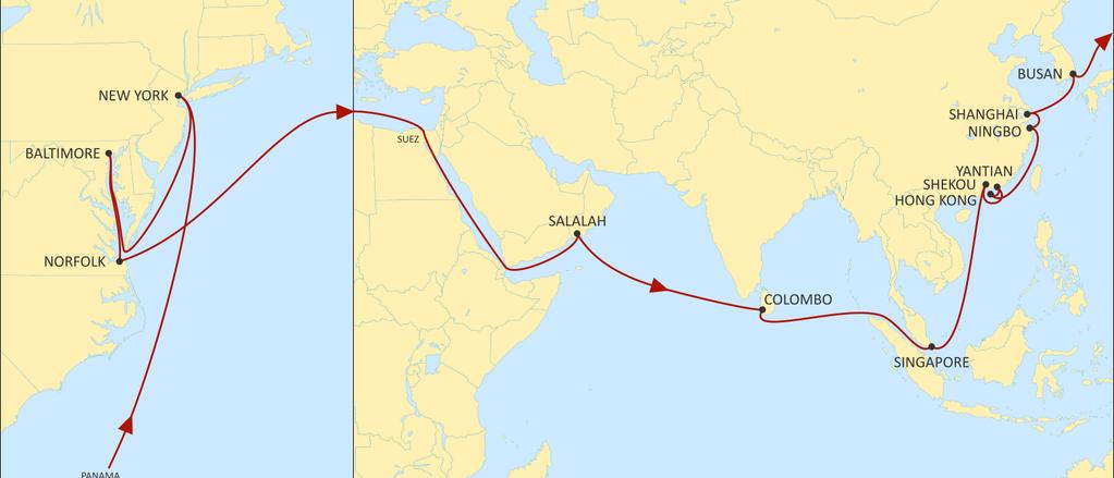 USA EAST COAST TO ASIA EMPIRE EASTBOUND New direct call to Hong Kong Fast transits to Salalah and Colombo. Comprehensive coverage of South and Central China.