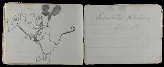 On the left, a drawing of a mouse smoking, holding a sign with the Hebrew words: To Natan. On the right, an inscription: Memento for Norbert from [?