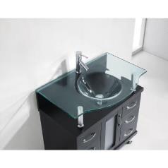 The vanity is finished in Espresso and crowned with a safety tempered glass basin-countertop. This sleek vanity is the perfect upgrade for your bathroom remodel. Main cabinet: 35.8 in.