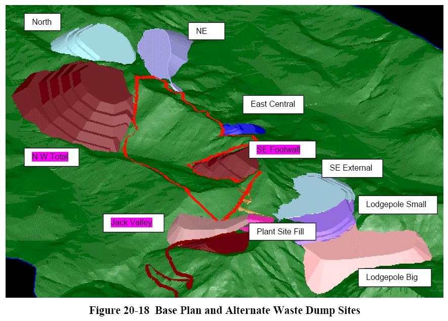 Figure 15. The proposed base plan and alternate waste dumps for the Lodgepole Coal Mine. From: Cline Mining Corp.