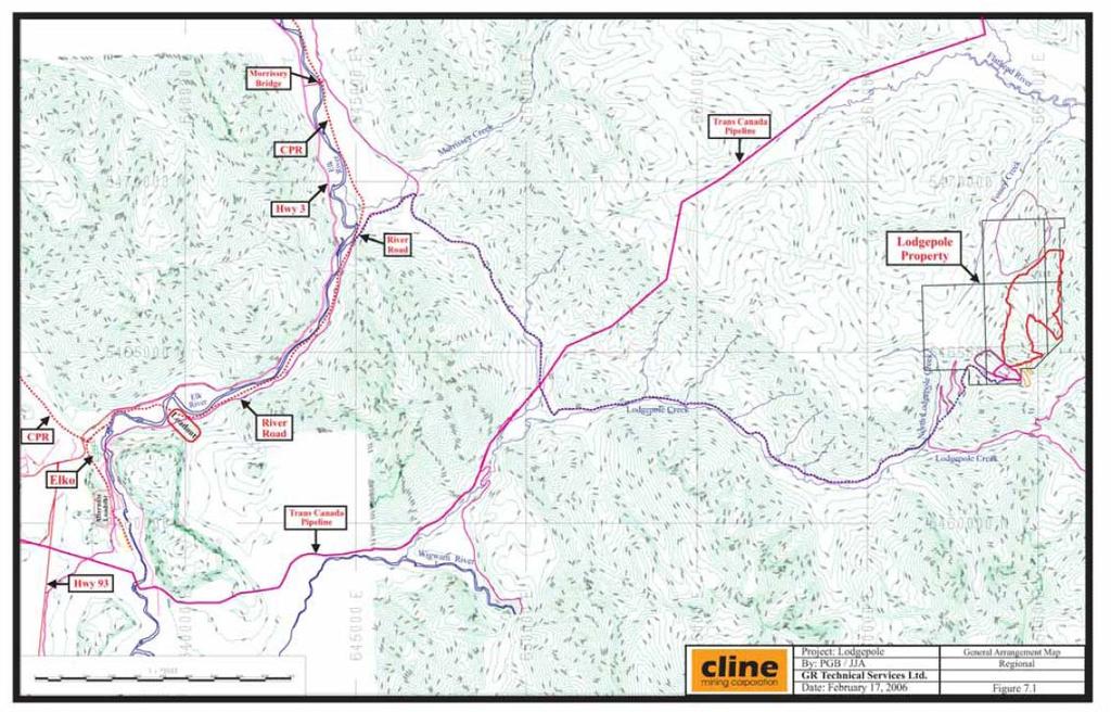 Figure 17. Lodgepole mine proximity to roads and pipelines. From: Cline Mining Corp.