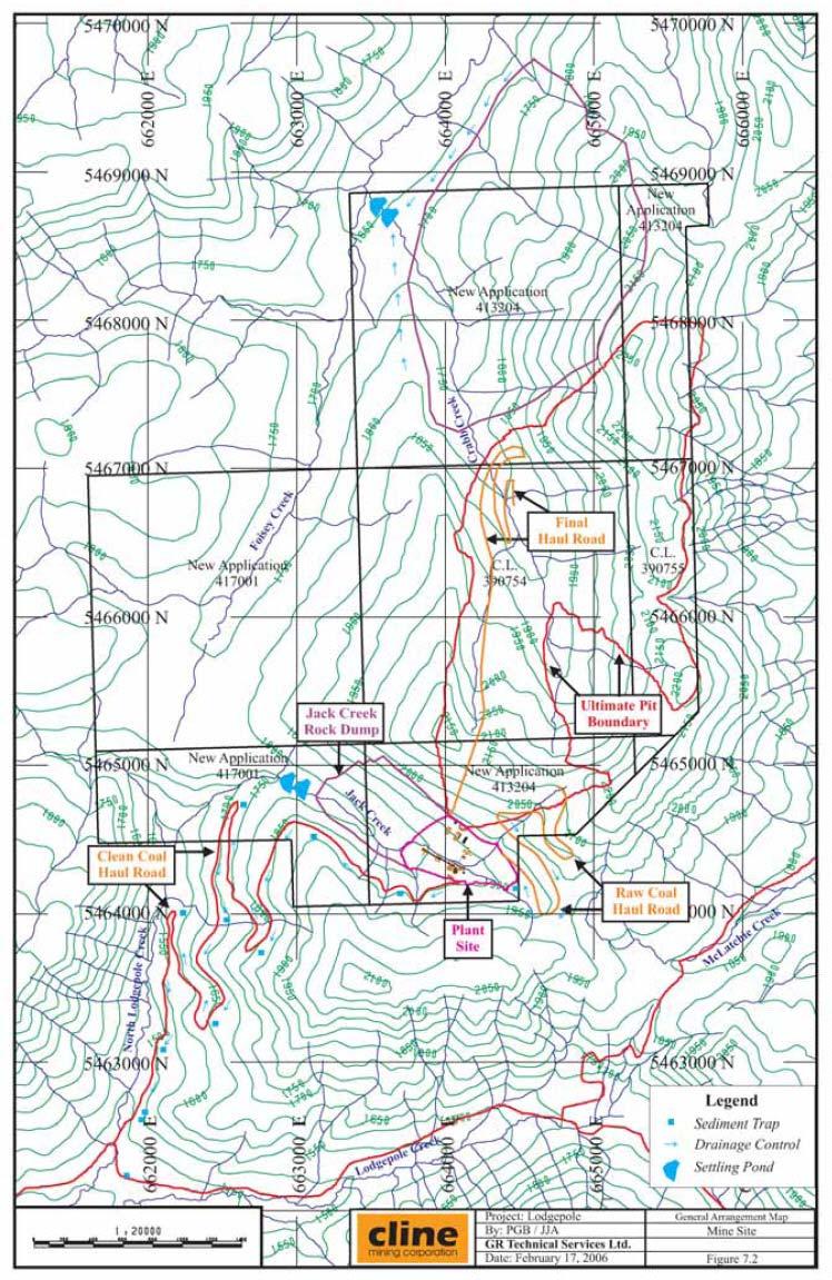 Figure 18. The proposed Lodgepole mine site, facilities and access roads. From: Cline Mining Corp.