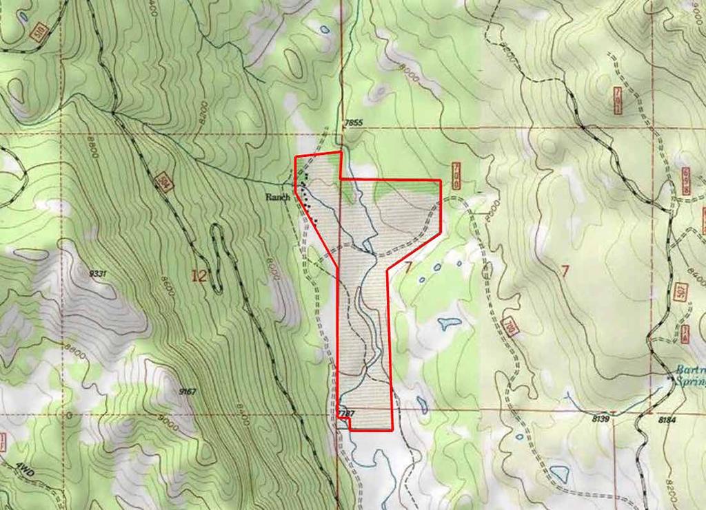 T Cross Ranch Topographical Map Public land shown in green