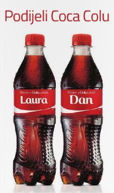 U kampanji Podijeli Coca-Colu na etiketama su pisala razna imena ili imenice (poput prijateljica, legenda i sl.), a diljem svijeta su postavili i aparate koji su na etiketi tiskali ime po želji kupca.