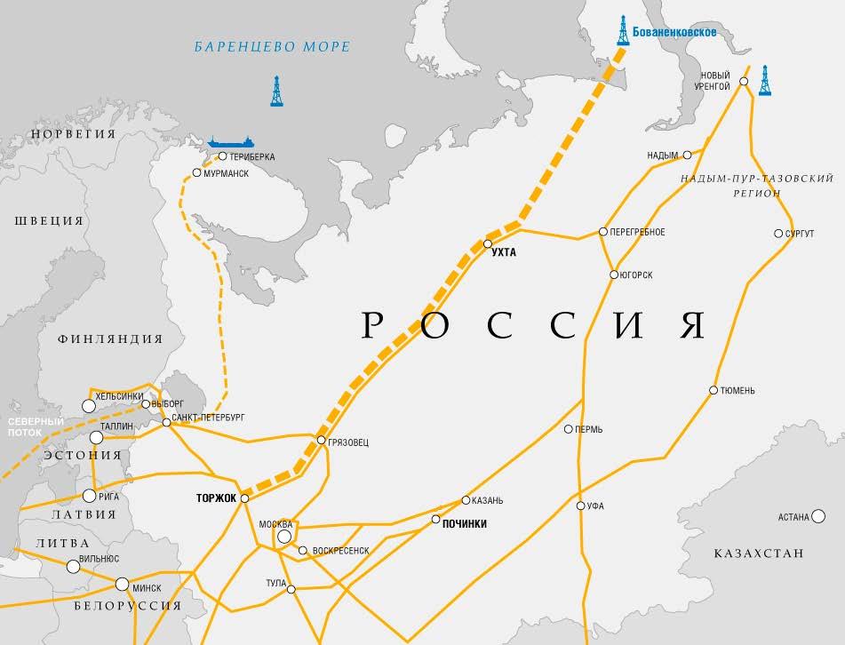 Bovanenkovo Ukhta Torzhok Gas Transmission System Route length 2,540 kilometers, including new Bovanenkovo Ukhta gas transmission corridor stretching for 1,240 kilometers (annual design capacity 140
