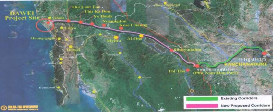 Country Section Status Myanmar - Thailand Kanchanaburi Ban Phu Nam Ron - Dawei Port [322 km] - Feasibility Study completed April 2015 - Estimate cost : USD 4.