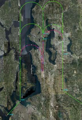 Flight Paths- South flow Proposed RNP Path Reduces track miles Overlays Bay/Husky Visuals Optimizes