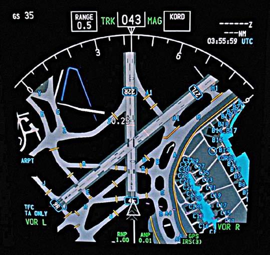 Figure 3: Airport moving map (AMM) An AMM is shown on the 787 navigation display (left) and on the electronic flight bag side display (right).