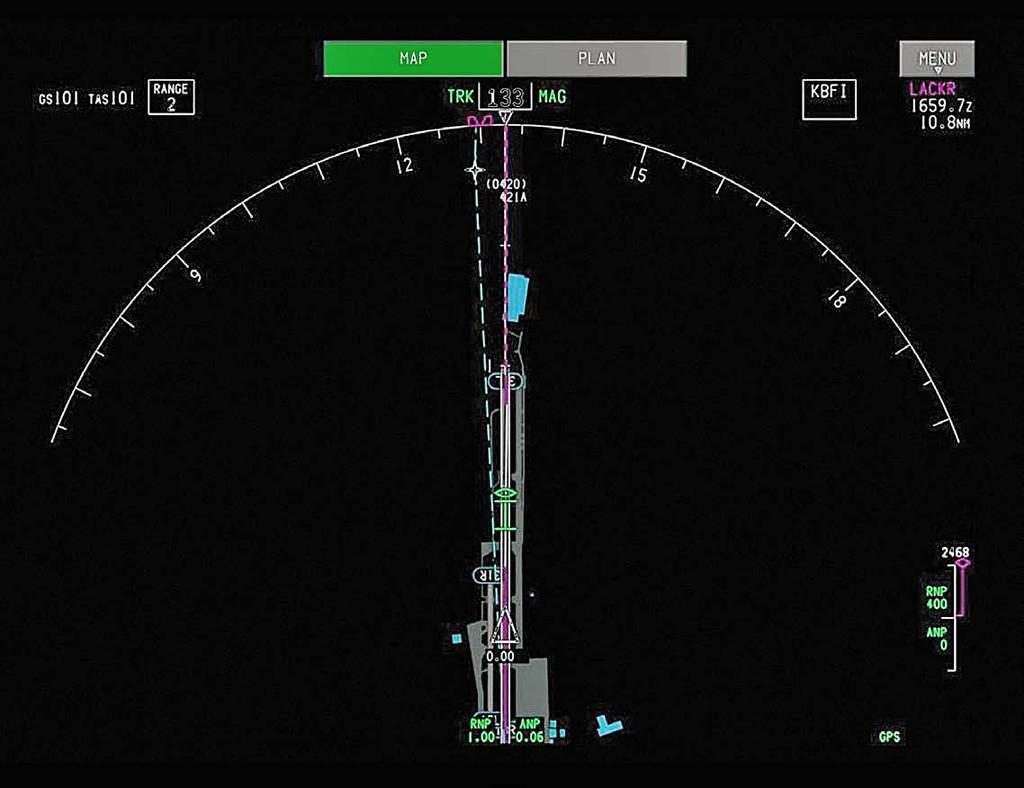 Figure 9: Optimized runway exiting Predicted (green bars) and actual (green oval) stopping performance displayed on an AMM.
